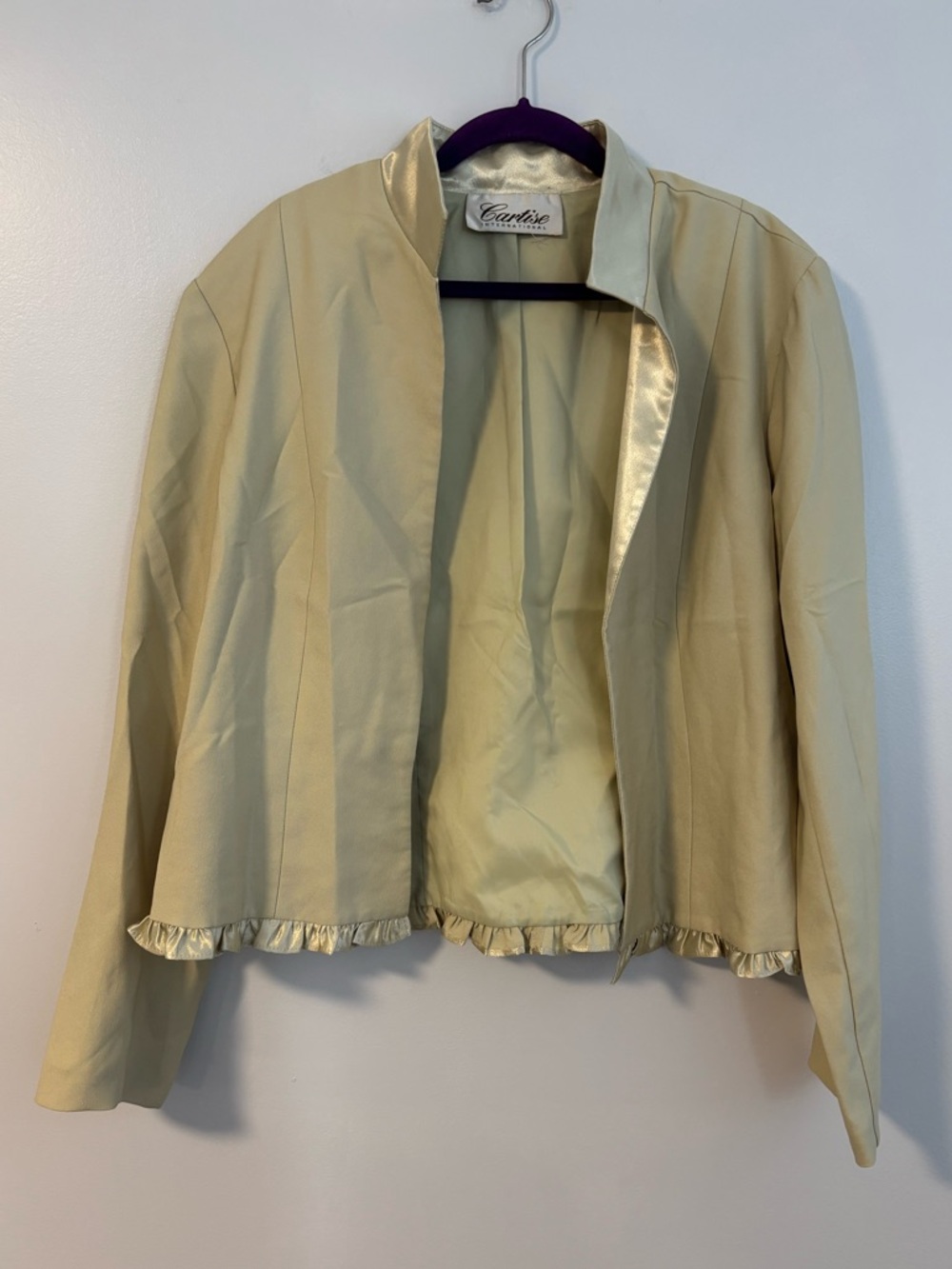 Vintage Cartise International open front cardigan satin like collar ruffled hem
